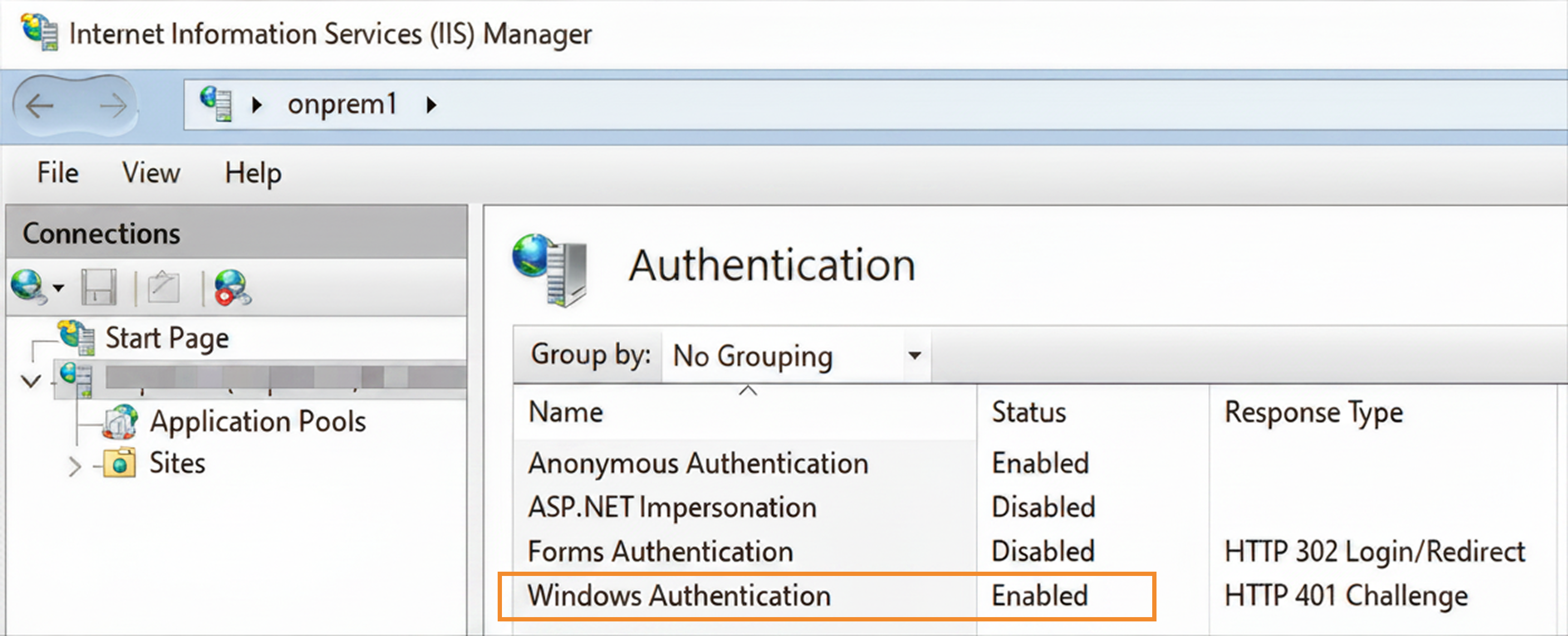 IIS Manager showing Windows Authentication status as enabled in the Authentication section.